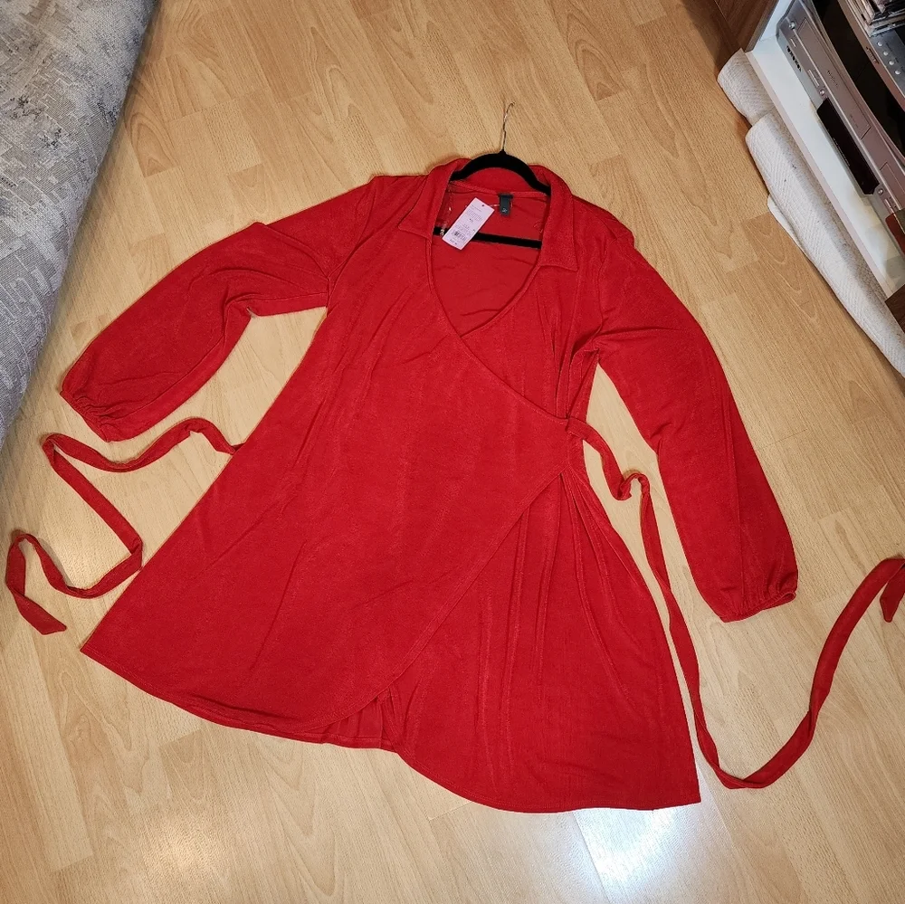 NWT Red Slinky‎ Stretchy Faux Wrap Long Sleeve Mini Dress Size XXL Wild Fable